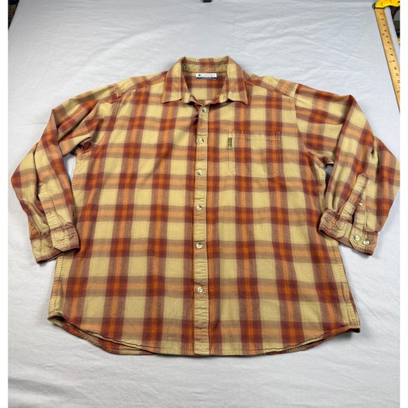 Columbia Mens Plaid Button Down Shirt Long Sleeve Tan Orange Herringbone XL - Picture 1 of 8